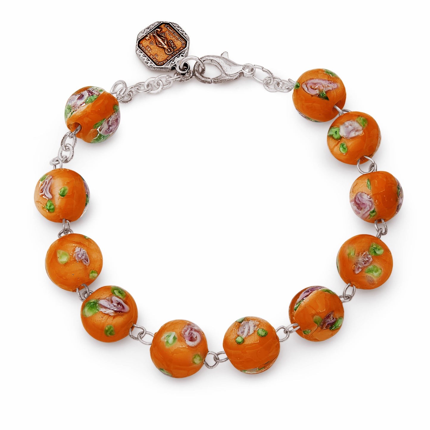 MONDO CATTOLICO ROMA Prayer Beads Adjustable Orange Lume Rosary Bracelet with Miraculous Virgin Medal