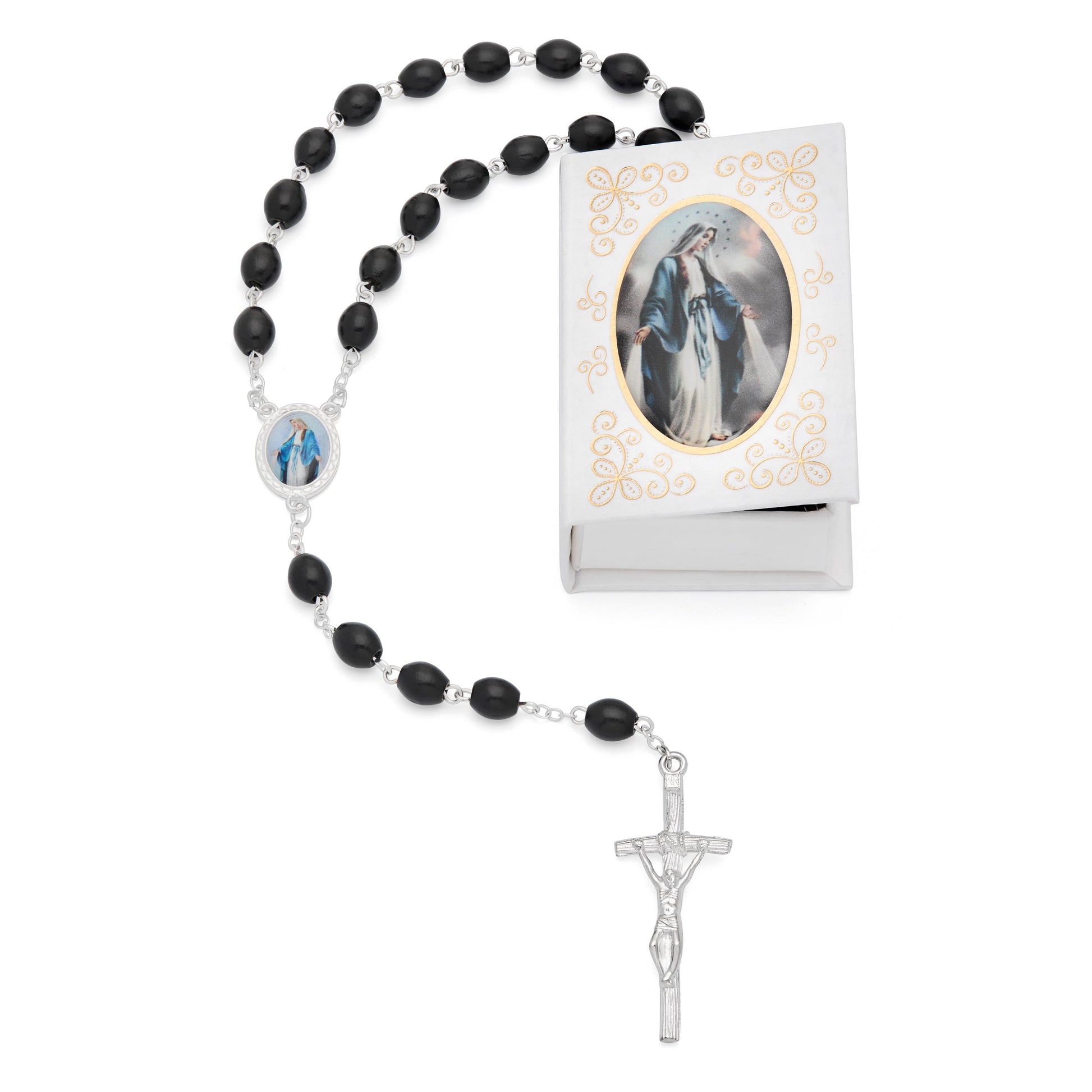 MONDO CATTOLICO ROMA Rosary Box 4x5.50 cm (1.57x2.17 in) / 7 mm (0.28 in) / 53 cm (20.87 in) Our Lady of the Miraculous Medal White Rosary Case with Wood Rosary