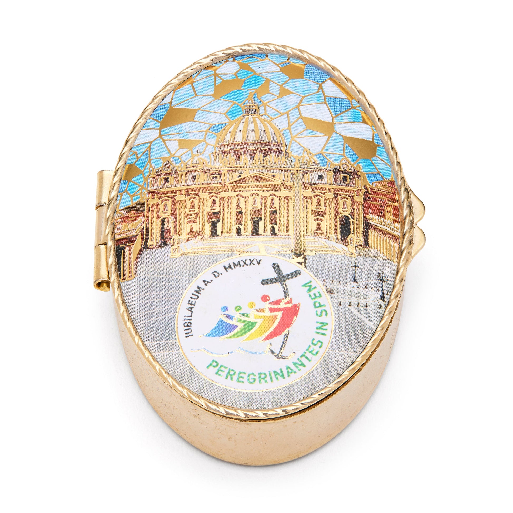 MONDO CATTOLICO ROMA Pill Box 4.5x6.5 cm (1.77x2.56 in) Oval Pill Box in Gold-tone Metal of St. Peter's Basilica with Jubilee 2025 Logo