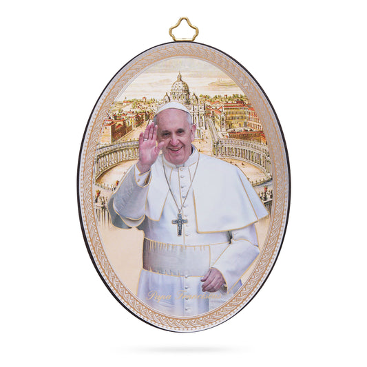 MONDO CATTOLICO ROMA Oval Wooden Icon of Pope Francis