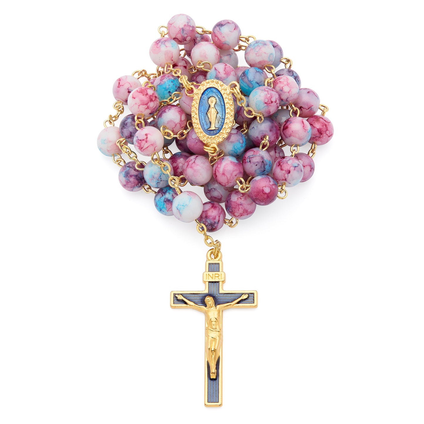 MONDO CATTOLICO ROMA Prayer Beads 53 cm (20.87 in) / 8 mm (0.31 in) Pink and Blue Variegated Glass Rosary of The Miraculous Virgin Mary