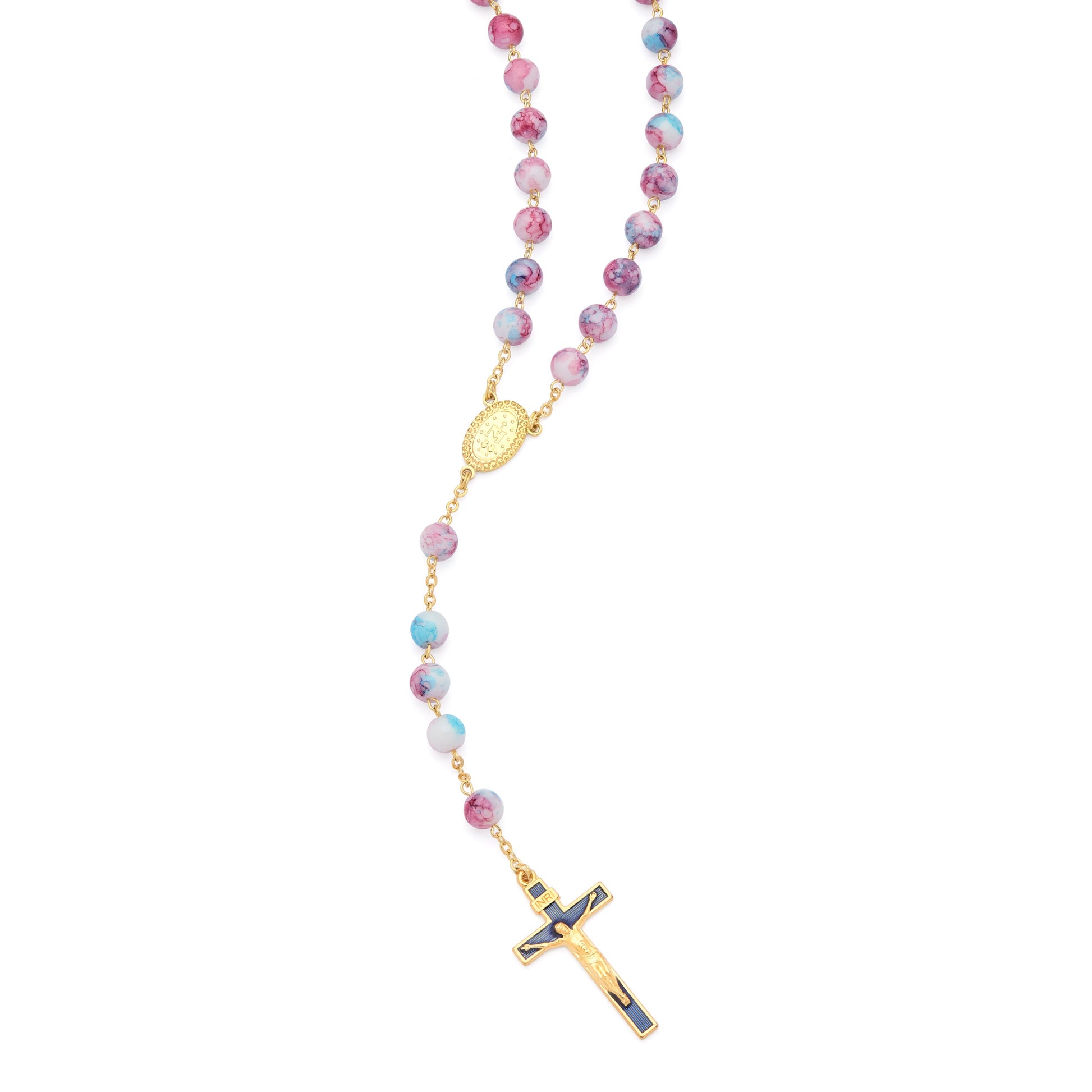 MONDO CATTOLICO ROMA Prayer Beads Pink and Blue Variegated Glass Rosary of The Miraculous Virgin Mary