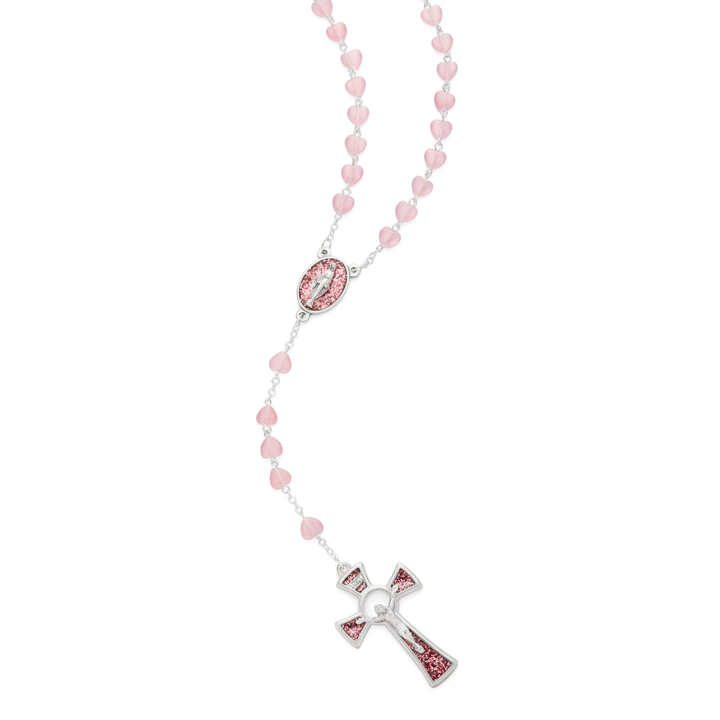 MONDO CATTOLICO ROMA Prayer Beads Pink Cat's Eyes Stone Rosary Small Hearts Beads