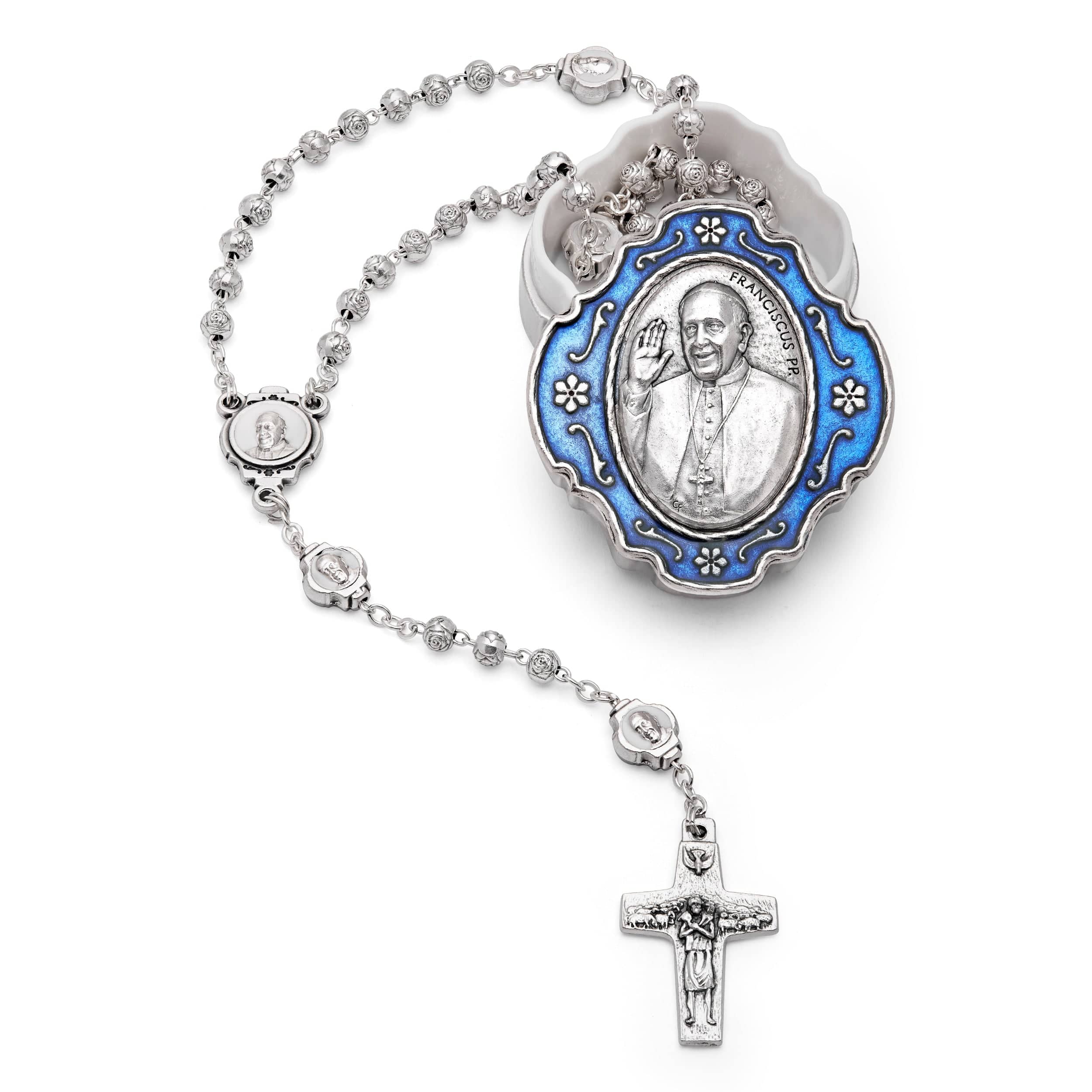 Blue Enameled Pope Francis Rosary Case With Rose-shaped Beads Rosary ...