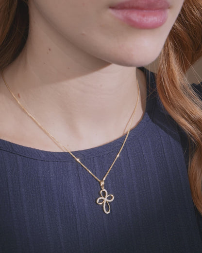 Yellow Gold Fine Bow Cross Pendant With Cubic Zirconia