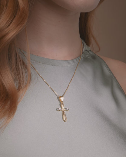 Yellow Gold Flower Cross Pendant With White Gold and Rose Gold Diamond-cut Details