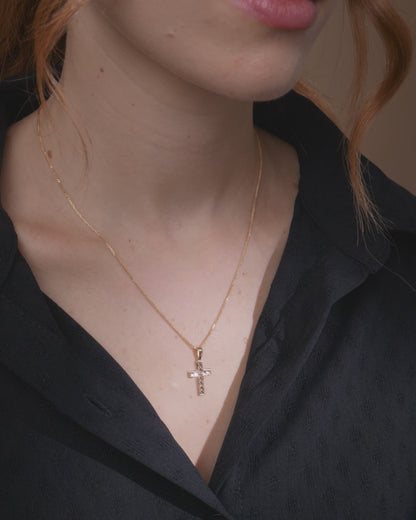 Yellow Gold Hollow Cross Pendant With Rhombus-shaped White Gold Details