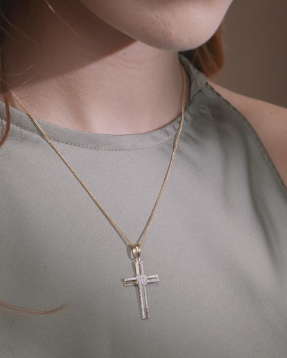 Yellow Gold Double Cross Pendant With White Gold and Cubic Zirconia