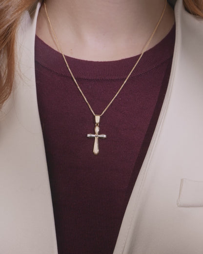 Yellow Gold Flower Cross Pendant With White Gold and Rose Gold Details