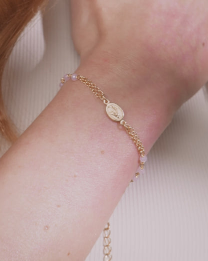 Gold-plated Sterling Silver Bracelet with Light Pink Beads Featuring the Miraculous Medal and a Cross