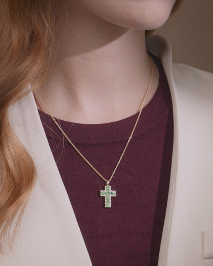 Yellow Gold Cross Pendant with Central Emeralds and Diamonds