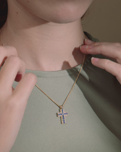 Yellow Gold Cross Pendant with Central Sapphires and Diamonds