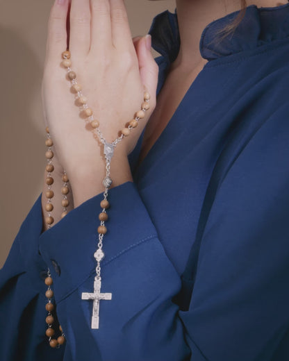 Confirmation Rosary in Olive Wood Beads and Holy Spirit Center Medal