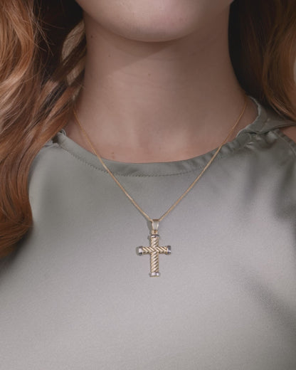 Yellow Gold Striped Cross Pendant With White Gold Ends