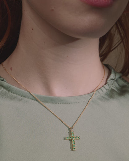 Yellow Gold Cross Pendant with Emeralds