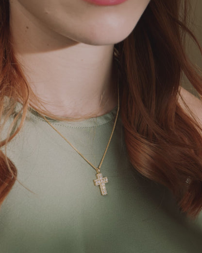 Yellow Gold Cross Pendant with Big and Small Diamonds