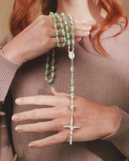 Sterling Silver Rosary with Green Crystal Beads and Rosettes with the Miraculous Medal