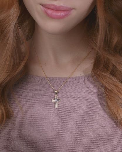 Yellow Gold Hollow Cross Pendant With White Gold Inner Cross and Central Cubic Zirconia