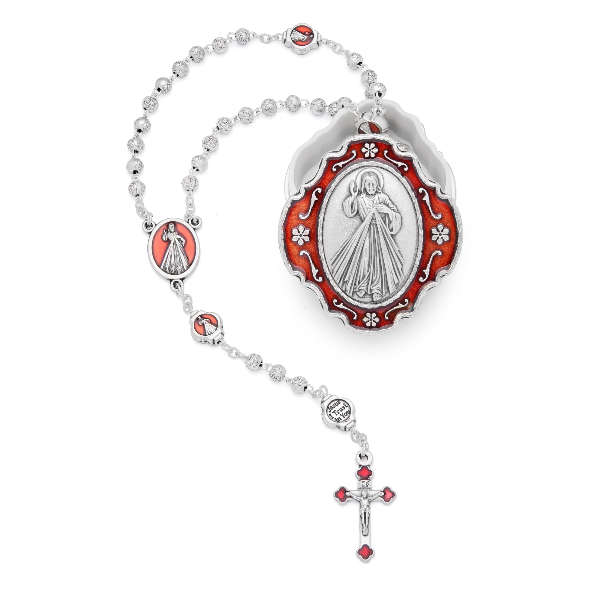 MONDO CATTOLICO ROMA Rosary Box 4x4.5 cm (1.57x1.77 in) / 4 mm (0.15 in) / 39 cm (15.35 in) Red Enameled Merciful Jesus Rosary Case With Rose-shaped Beads Rosary