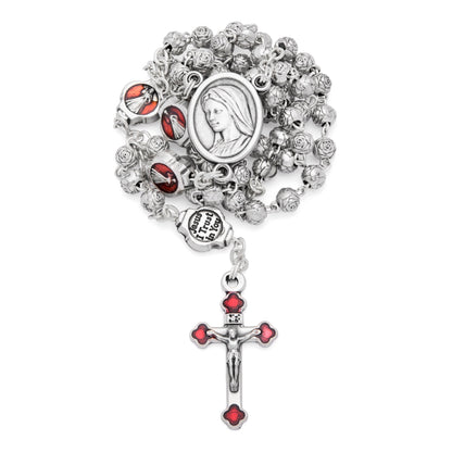 MONDO CATTOLICO ROMA Rosary Box 4x4.5 cm (1.57x1.77 in) / 4 mm (0.15 in) / 39 cm (15.35 in) Red Enameled Merciful Jesus Rosary Case With Rose-shaped Beads Rosary