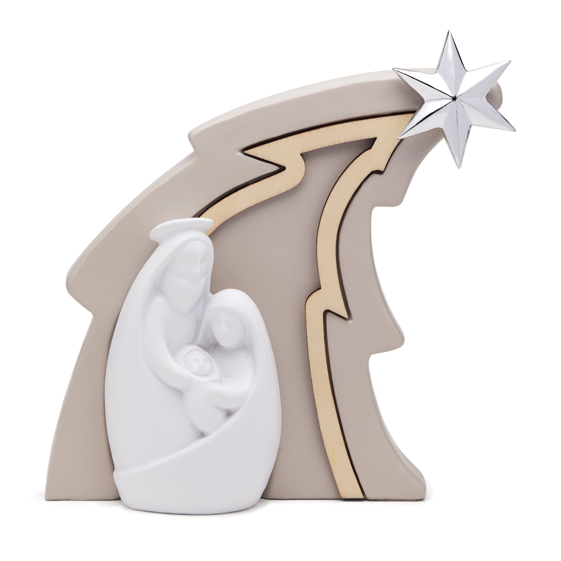 MONDO CATTOLICO ROMA Nativity 18 cm (7.09 in) Resin Nativity Scene with Christmas Tree and Wooden Inlay Modern Style