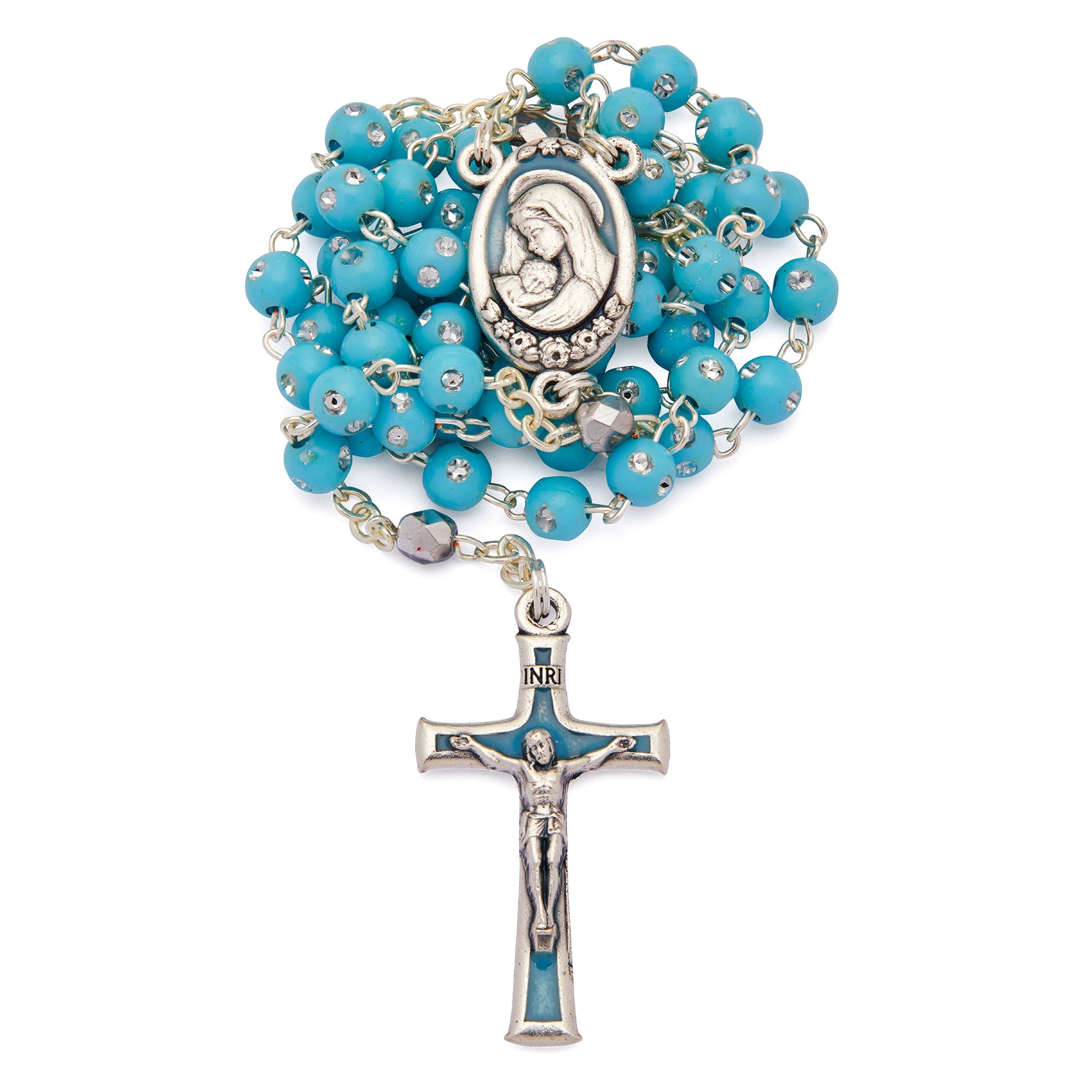 Top VENETIAN BLUE GLASS CRYSTAL 800 SILVER CRUCIFIX ROSARY PRAYER BEADS