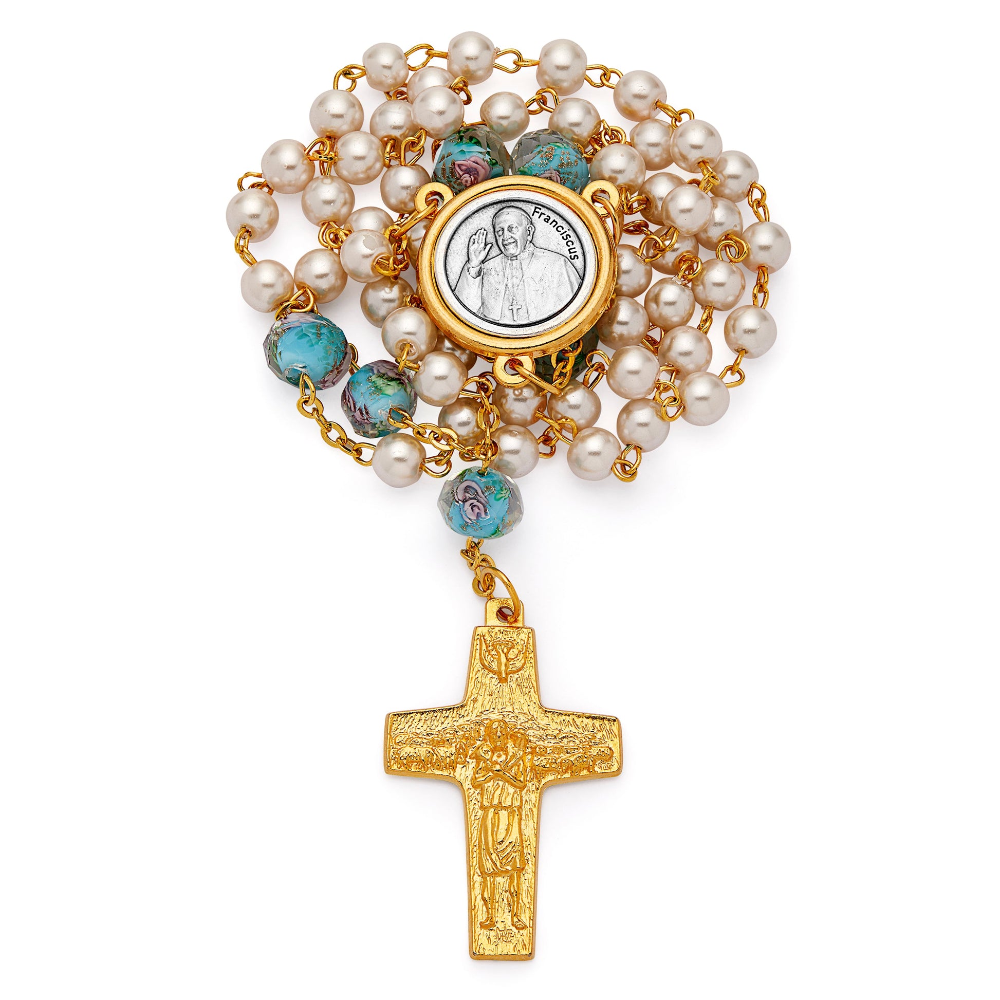 MONDO CATTOLICO ROMA Prayer Beads Rosary in Glass Pearl with Good Shepherd Crucifix