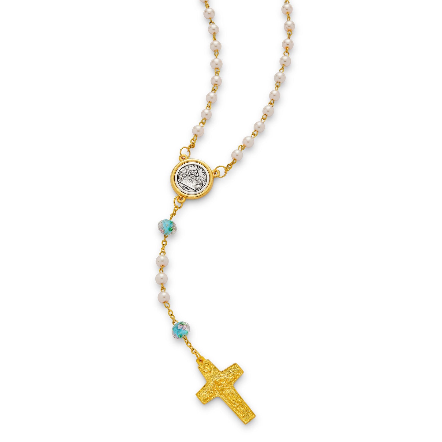 MONDO CATTOLICO ROMA Prayer Beads Rosary in Glass Pearl with Good Shepherd Crucifix