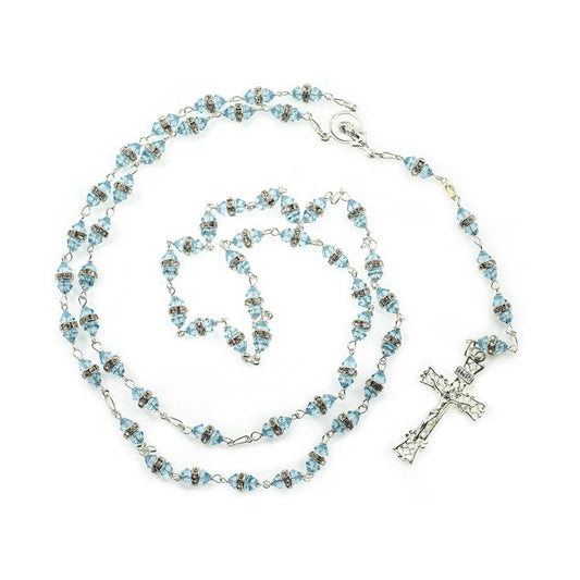 MONDO CATTOLICO Prayer Beads 56 cm (22.04 in) / 6 mm (0.23 in) Rosary in Light Blue Crystal Rhinestones