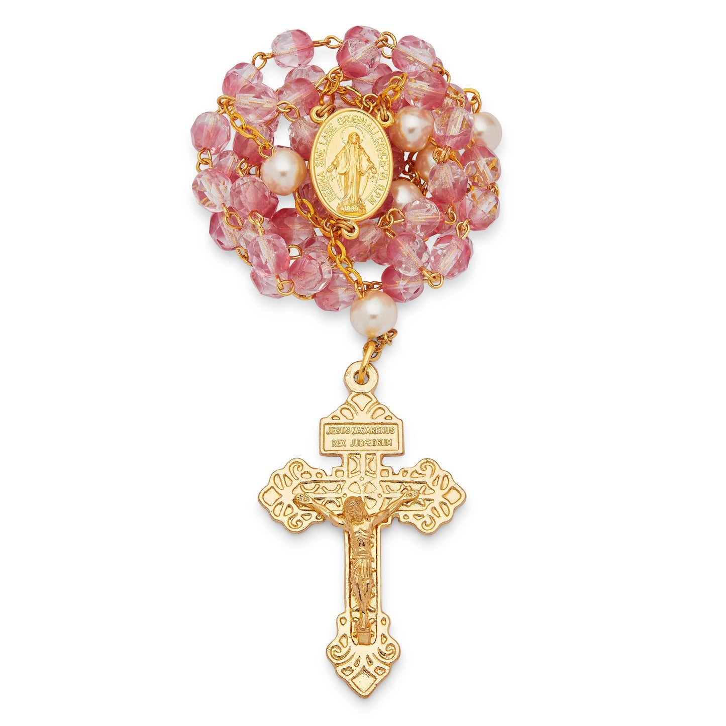 MONDO CATTOLICO Prayer Beads Rosary in Pink Pearls and Glass Beads