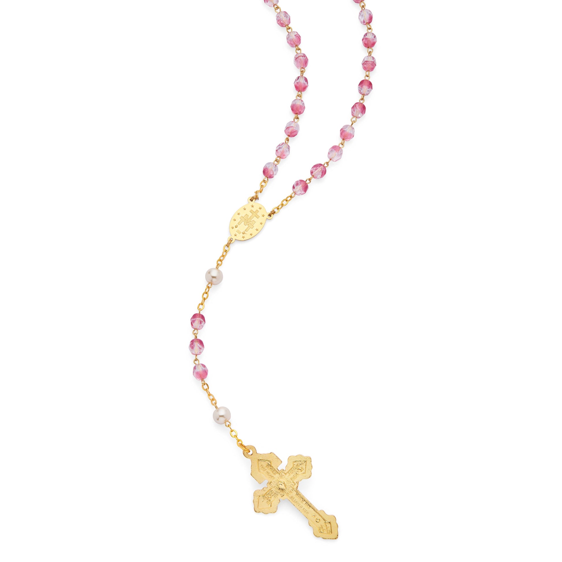 MONDO CATTOLICO ROMA Prayer Beads 55 cm (21.65 in) / 72 cm (28.35 in) / 7 mm (0.28 in) Rosary in Pink Pearls and Glass Beads