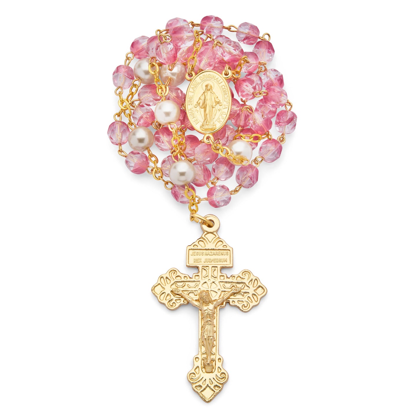 MONDO CATTOLICO ROMA Prayer Beads 55 cm (21.65 in) / 72 cm (28.35 in) / 7 mm (0.28 in) Rosary in Pink Pearls and Glass Beads