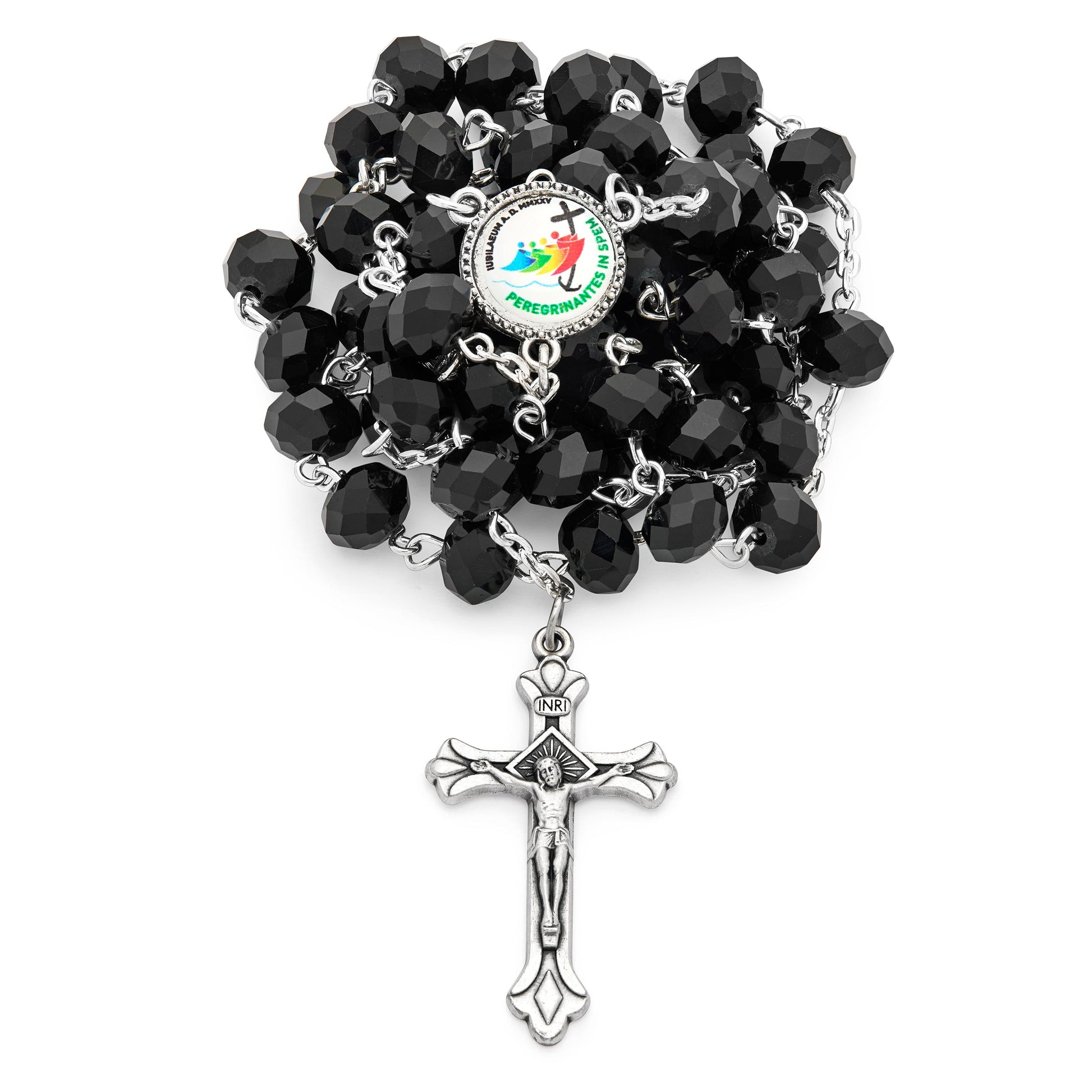 MONDO CATTOLICO ROMA Rosary 58 cm (22.83 in) / 80 cm (31.50 in) / 8x12 mm (0.31x0.47 in) Rosary with Black Crystal Beads and Jubilee 2025 Logo