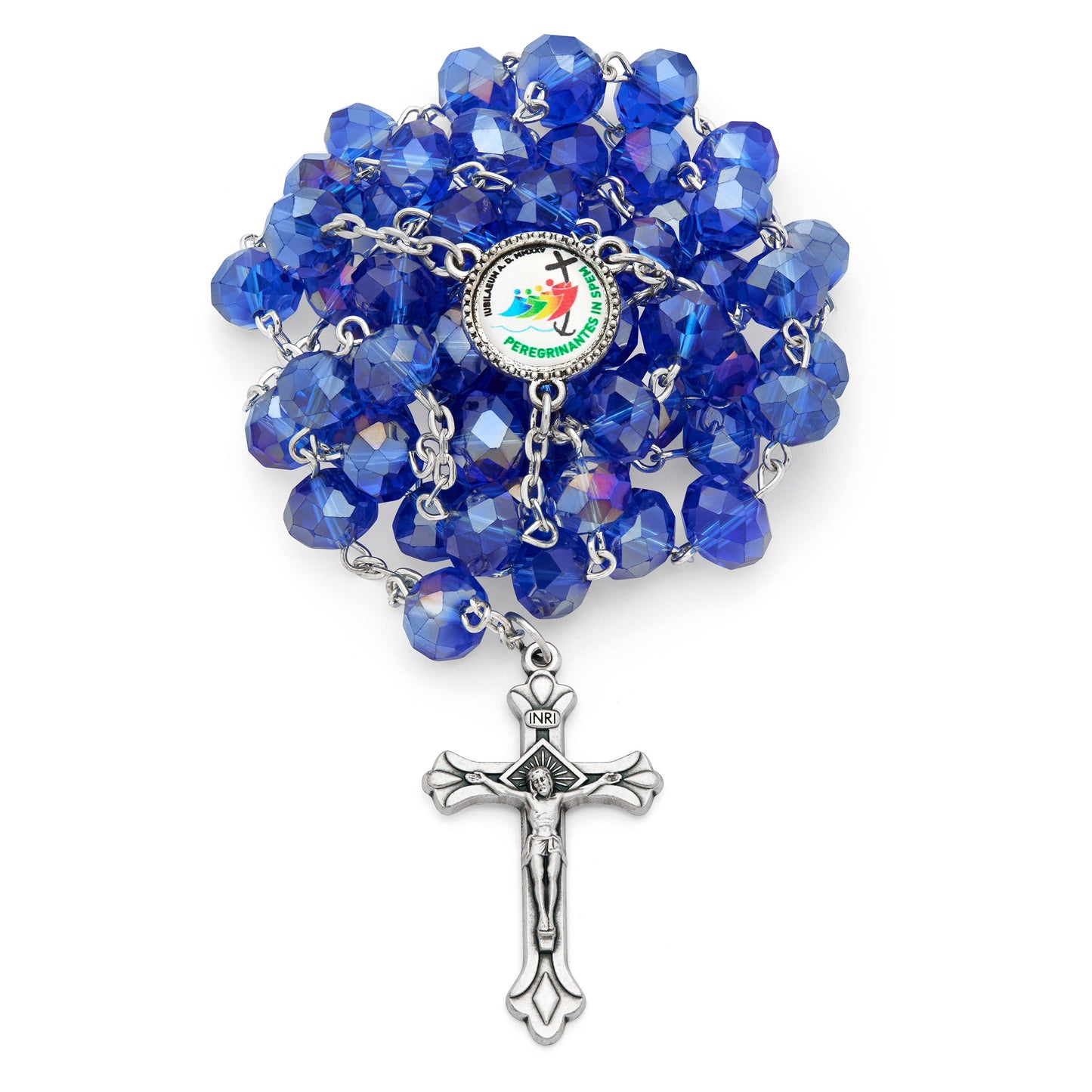 MONDO CATTOLICO ROMA Rosary 58 cm (22.83 in) / 80 cm (31.50 in) / 8x12 mm (0.31x0.47 in) Rosary with Blue Crystal Beads and Jubilee 2025 Logo