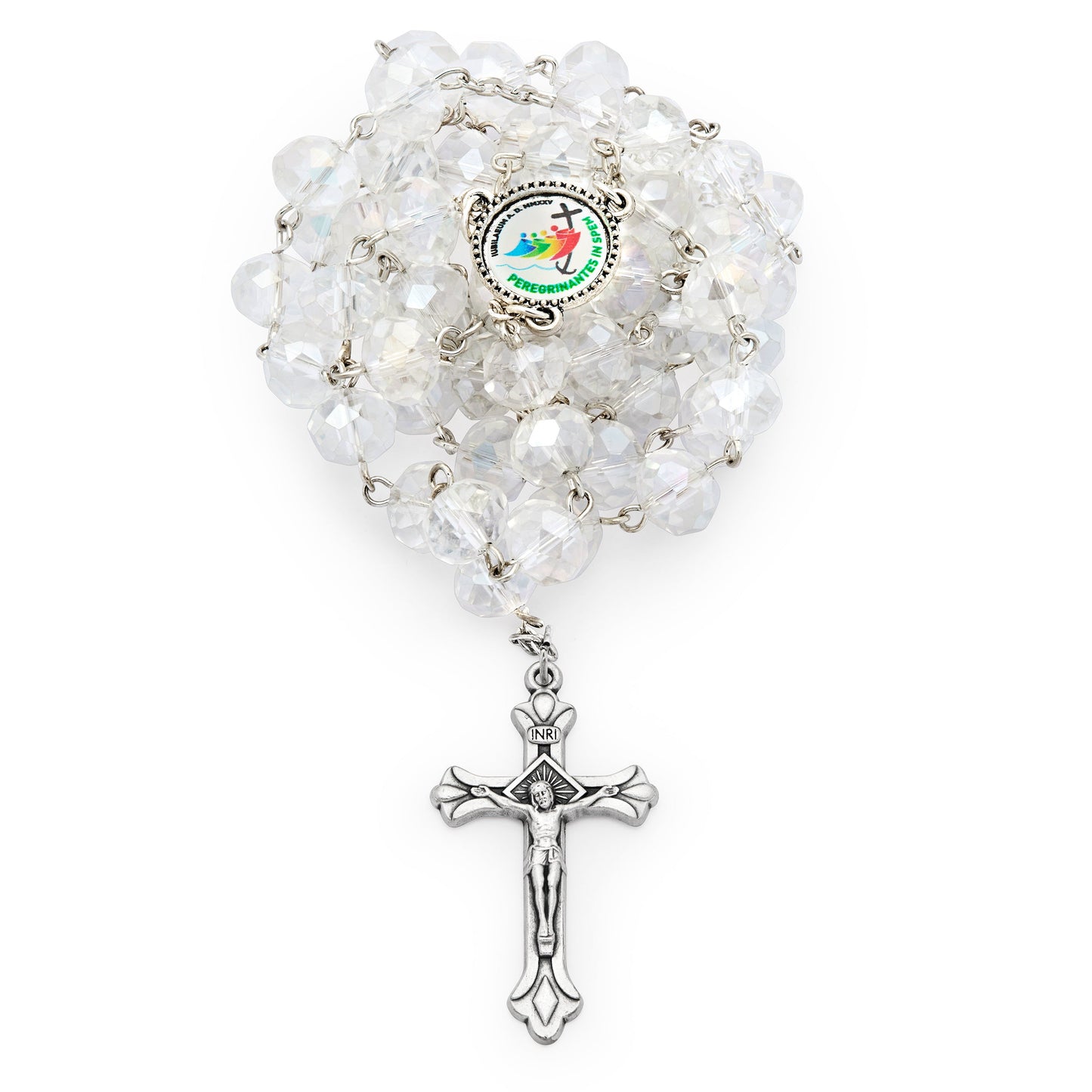 MONDO CATTOLICO ROMA Rosary 58 cm (22.83 in) / 80 cm (31.50 in) / 8x12 mm (0.31x0.47 in) Rosary with Clear Crystal Beads and Jubilee 2025 Logo