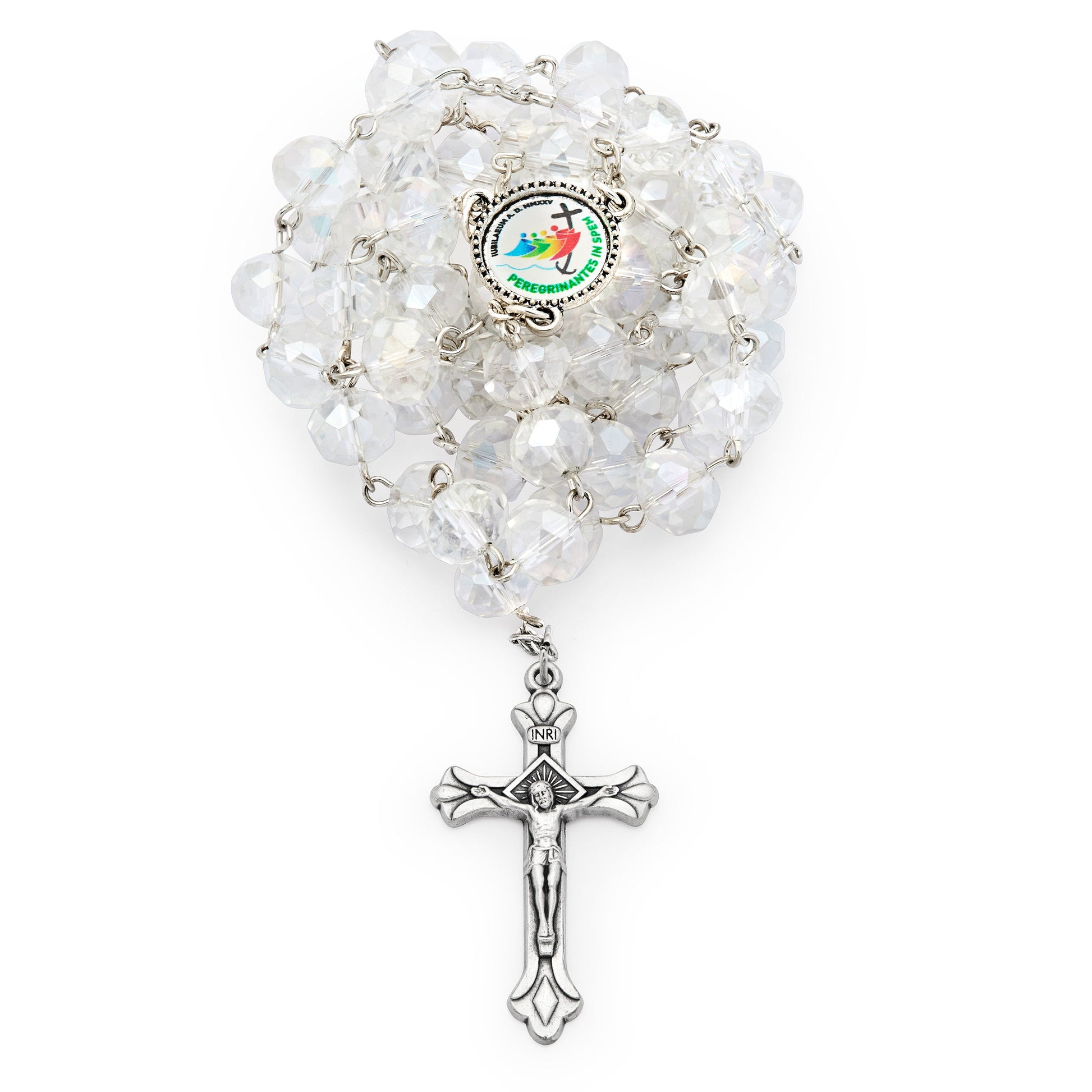 MONDO CATTOLICO ROMA Rosary 58 cm (22.83 in) / 80 cm (31.50 in) / 8x12 mm (0.31x0.47 in) Rosary with Clear Crystal Beads and Jubilee 2025 Logo