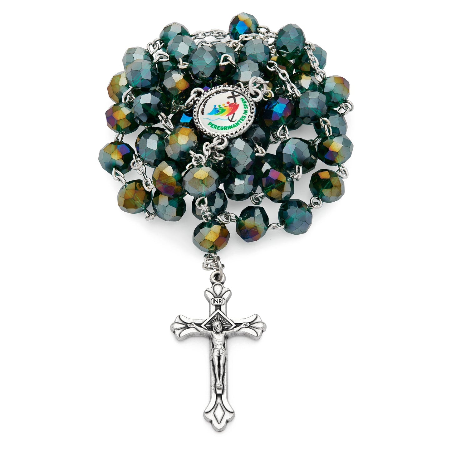 MONDO CATTOLICO ROMA Rosary 58 cm (22.83 in) / 80 cm (31.50 in) / 8x12 mm (0.31x0.47 in) Rosary with Dark Green Crystal Beads and Jubilee 2025 Logo