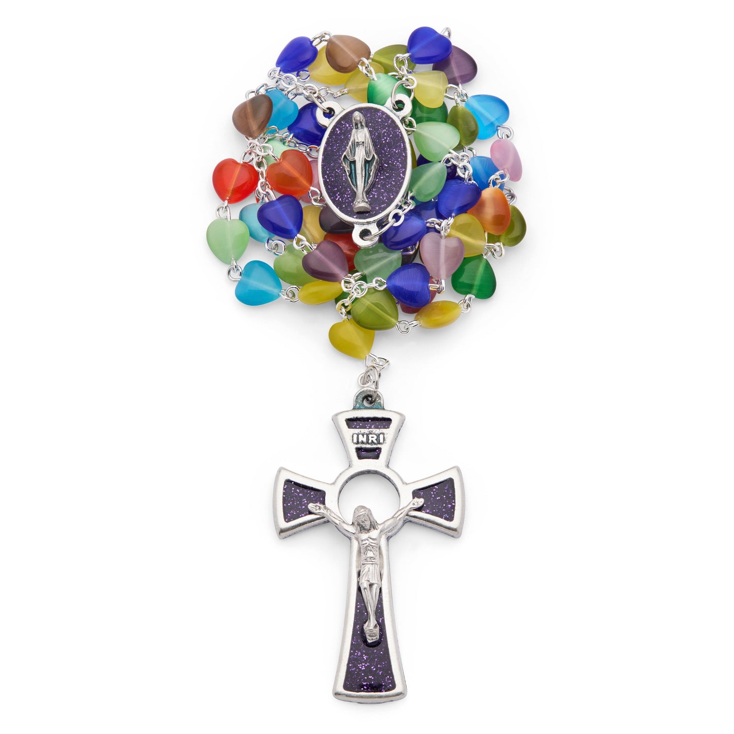 MONDO CATTOLICO ROMA Rosary 51 cm (20.08 in) / 70 cm (27.56 in) / 7.50 mm (0.29 in) Rosary with Heart-shaped Multicolore Cat's Eye Beads