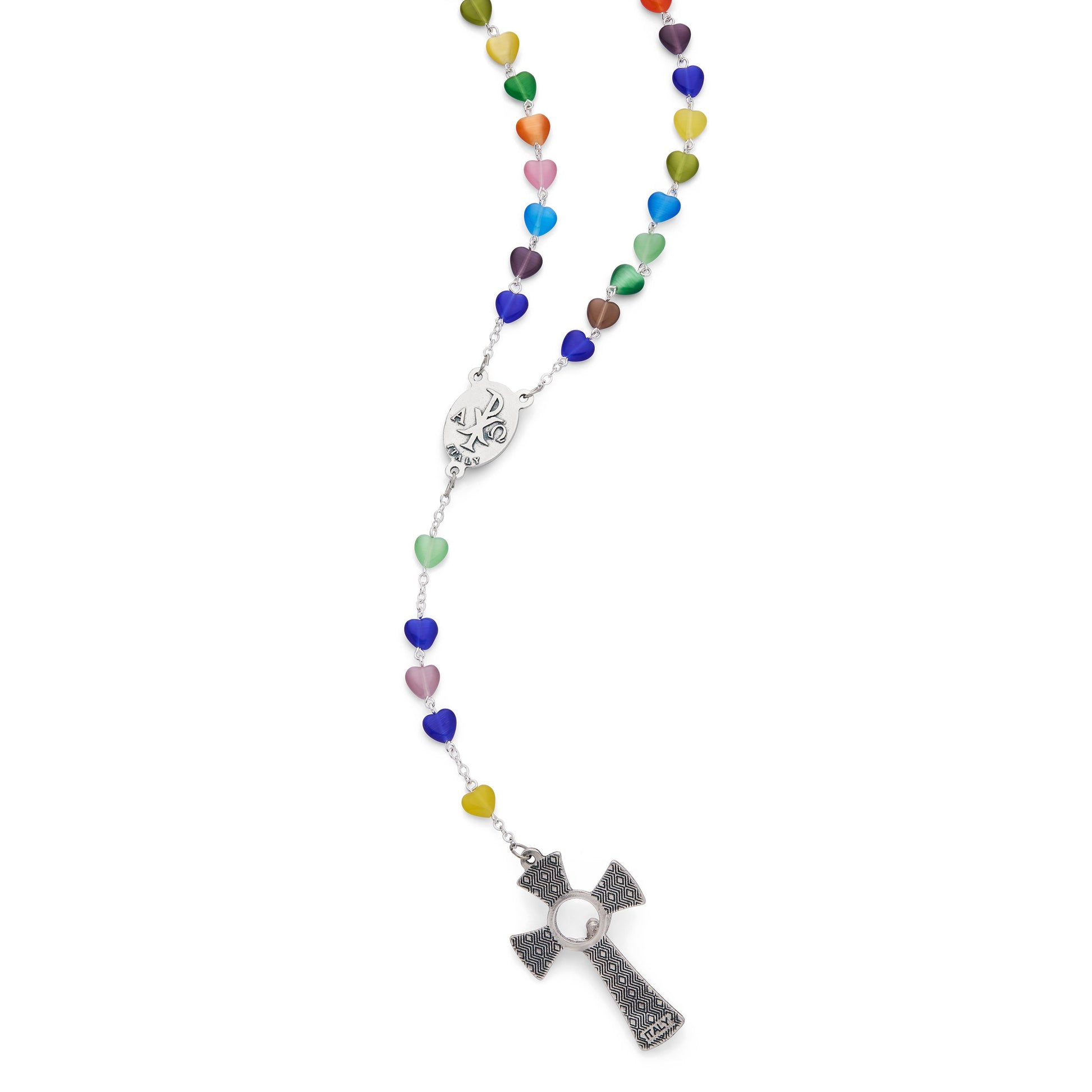 MONDO CATTOLICO ROMA Rosary 51 cm (20.08 in) / 70 cm (27.56 in) / 7.50 mm (0.29 in) Rosary with Heart-shaped Multicolore Cat's Eye Beads