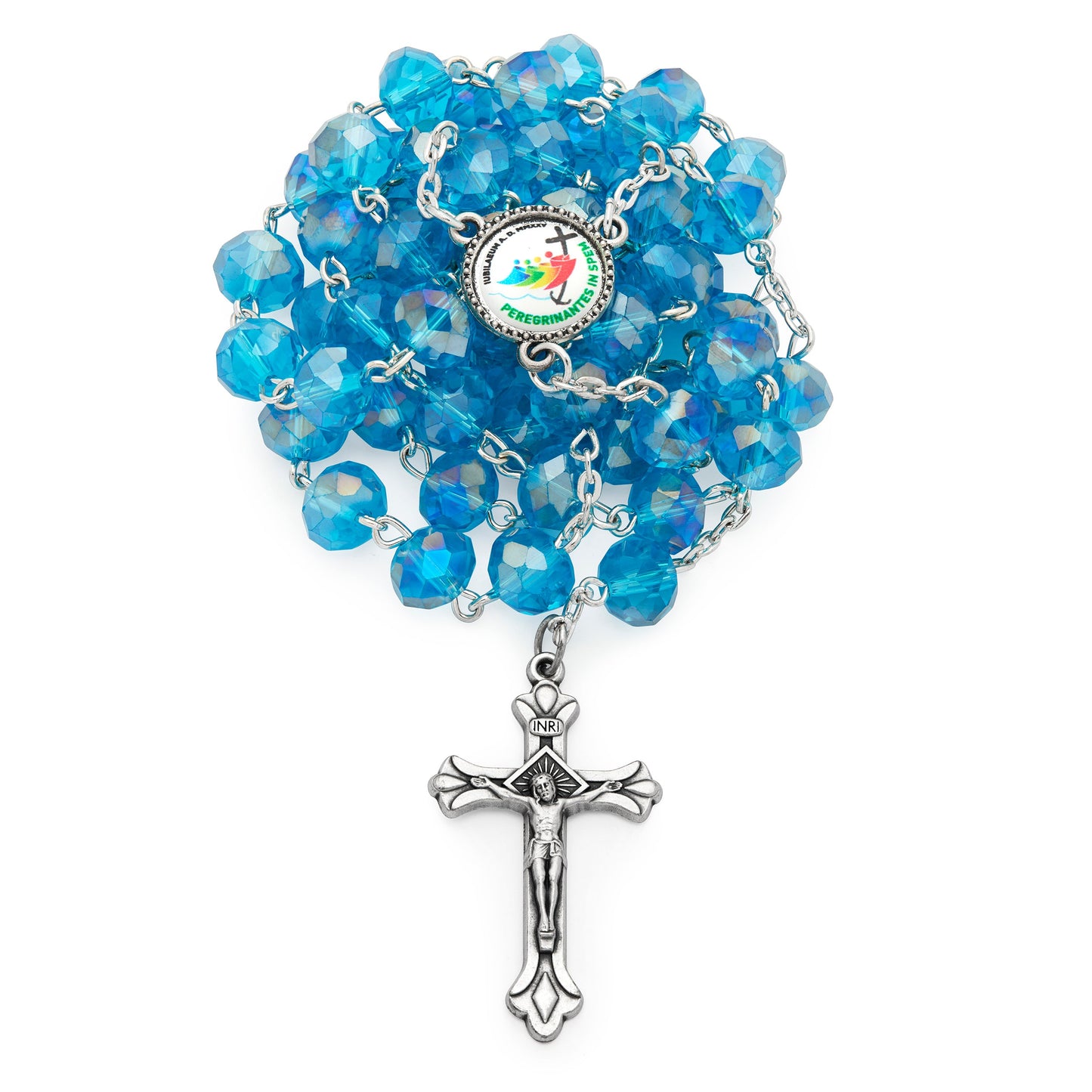 MONDO CATTOLICO ROMA Rosary 58 cm (22.83 in) / 80 cm (31.50 in) / 8x12 mm (0.31x0.47 in) Rosary with Light Blue Crystal Beads and Jubilee 2025 Logo