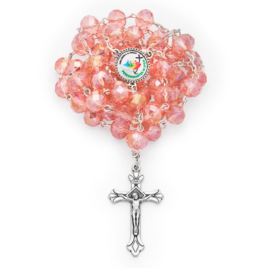 MONDO CATTOLICO ROMA Rosary 58 cm (22.83 in) / 80 cm (31.50 in) / 8x12 mm (0.31x0.47 in) Rosary with Pink Crystal Beads and Jubilee 2025 Logo