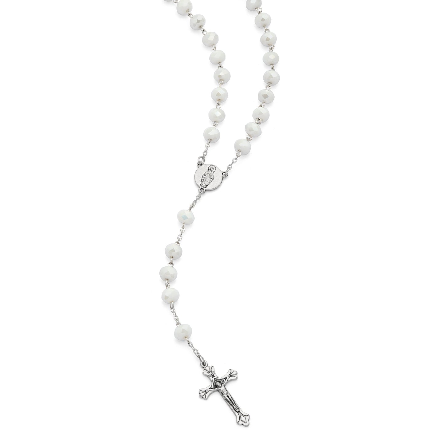 MONDO CATTOLICO ROMA Rosary 58 cm (22.83 in) / 80 cm (31.50 in) / 8x12 mm (0.31x0.47 in) Rosary with White Crystal Beads and Jubilee 2025 Logo