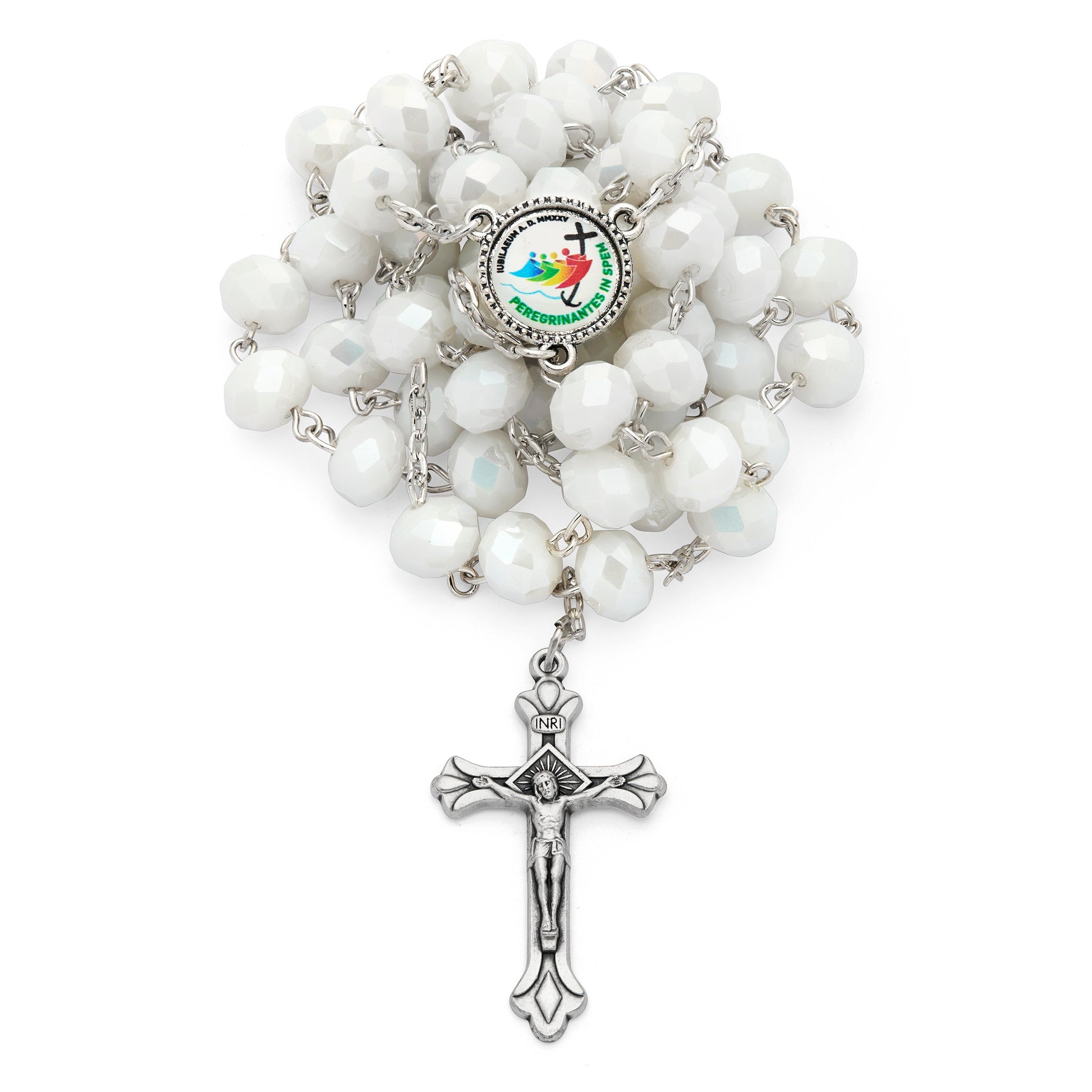 MONDO CATTOLICO ROMA Rosary 58 cm (22.83 in) / 80 cm (31.50 in) / 8x12 mm (0.31x0.47 in) Rosary with White Crystal Beads and Jubilee 2025 Logo