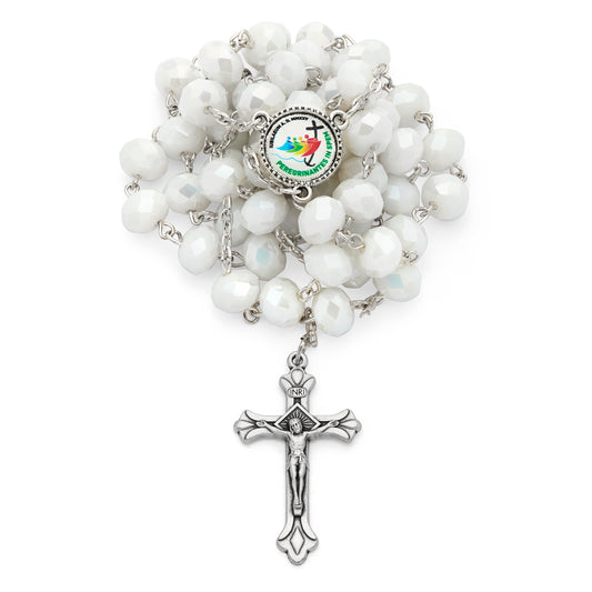 MONDO CATTOLICO ROMA Rosary 58 cm (22.83 in) / 80 cm (31.50 in) / 8x12 mm (0.31x0.47 in) Rosary with White Crystal Beads and Jubilee 2025 Logo