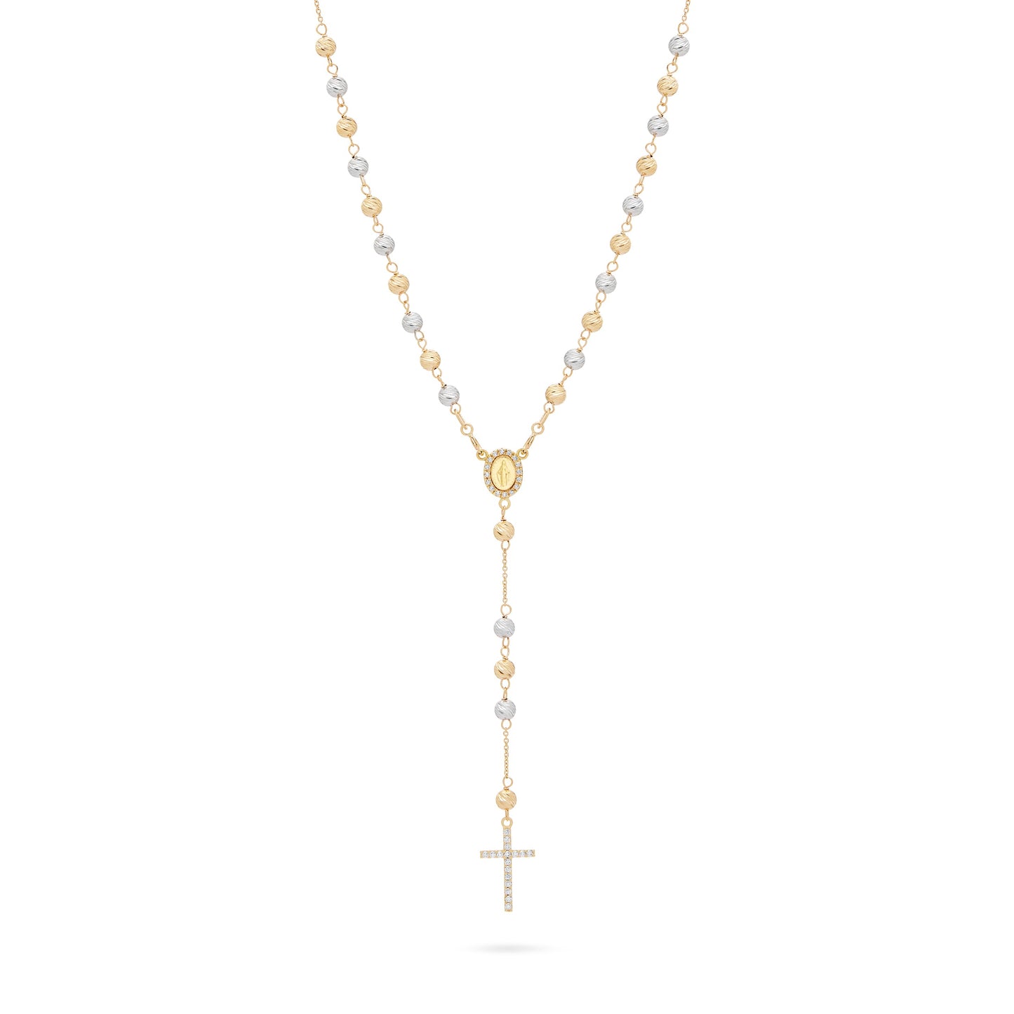 Mondo Cattolico Rosary 34.5 cm (13.58 in) / 4 mm (0.16 in) / 52 cm (20.47 in) Rosary with Yellow Gold and White Gold Faceted Beads with Miraculous Medal and Cross in Cubic Zirconia