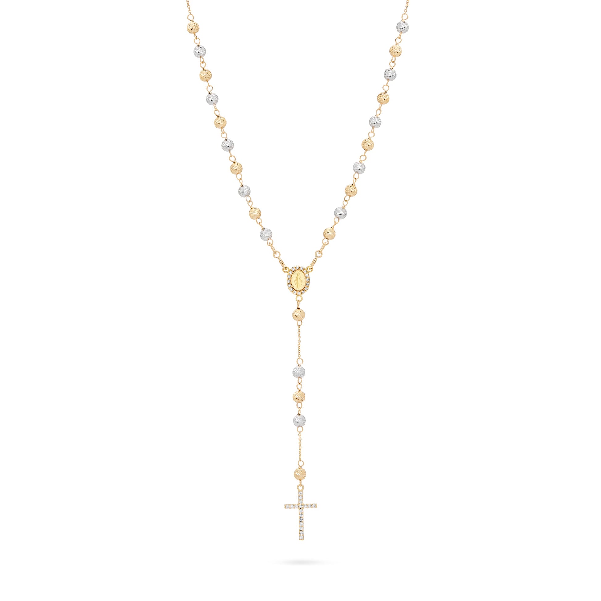 Mondo Cattolico Rosary 34.5 cm (13.58 in) / 4 mm (0.16 in) / 52 cm (20.47 in) Rosary with Yellow Gold and White Gold Faceted Beads with Miraculous Medal and Cross in Cubic Zirconia