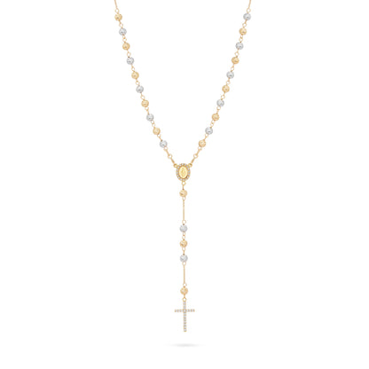 Mondo Cattolico Rosary 34.5 cm (13.58 in) / 4 mm (0.16 in) / 52 cm (20.47 in) Rosary with Yellow Gold and White Gold Faceted Beads with Miraculous Medal and Cross in Cubic Zirconia