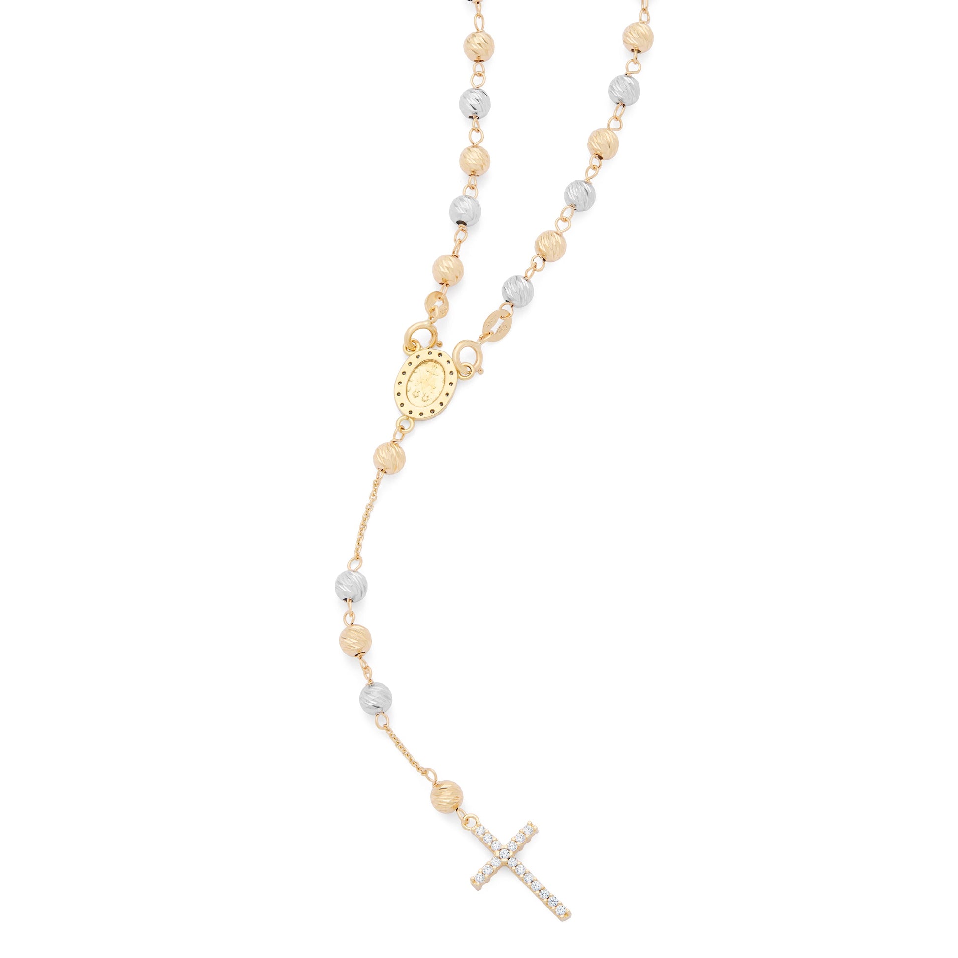 Mondo Cattolico Rosary 34.5 cm (13.58 in) / 4 mm (0.16 in) / 52 cm (20.47 in) Rosary with Yellow Gold and White Gold Faceted Beads with Miraculous Medal and Cross in Cubic Zirconia