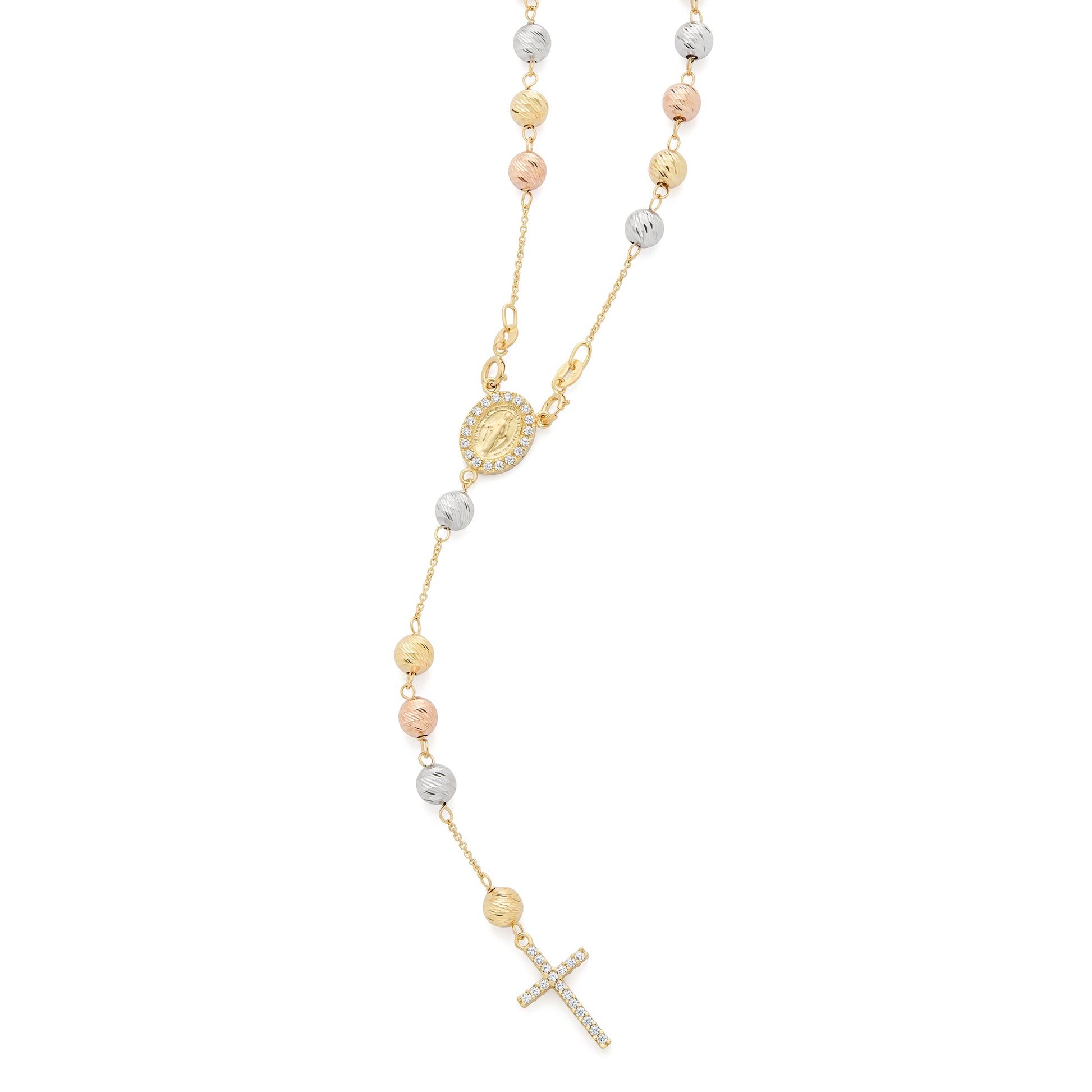 MONDO CATTOLICO ROMA Rosary 40 cm (15.75 in) / 5 mm (0.20 in) / 55 cm (21.65 in) Rosary with Yellow Gold, White Gold and Rose Gold Faceted Beads with Miraculous Medal and Cross in Cubic Zirconia