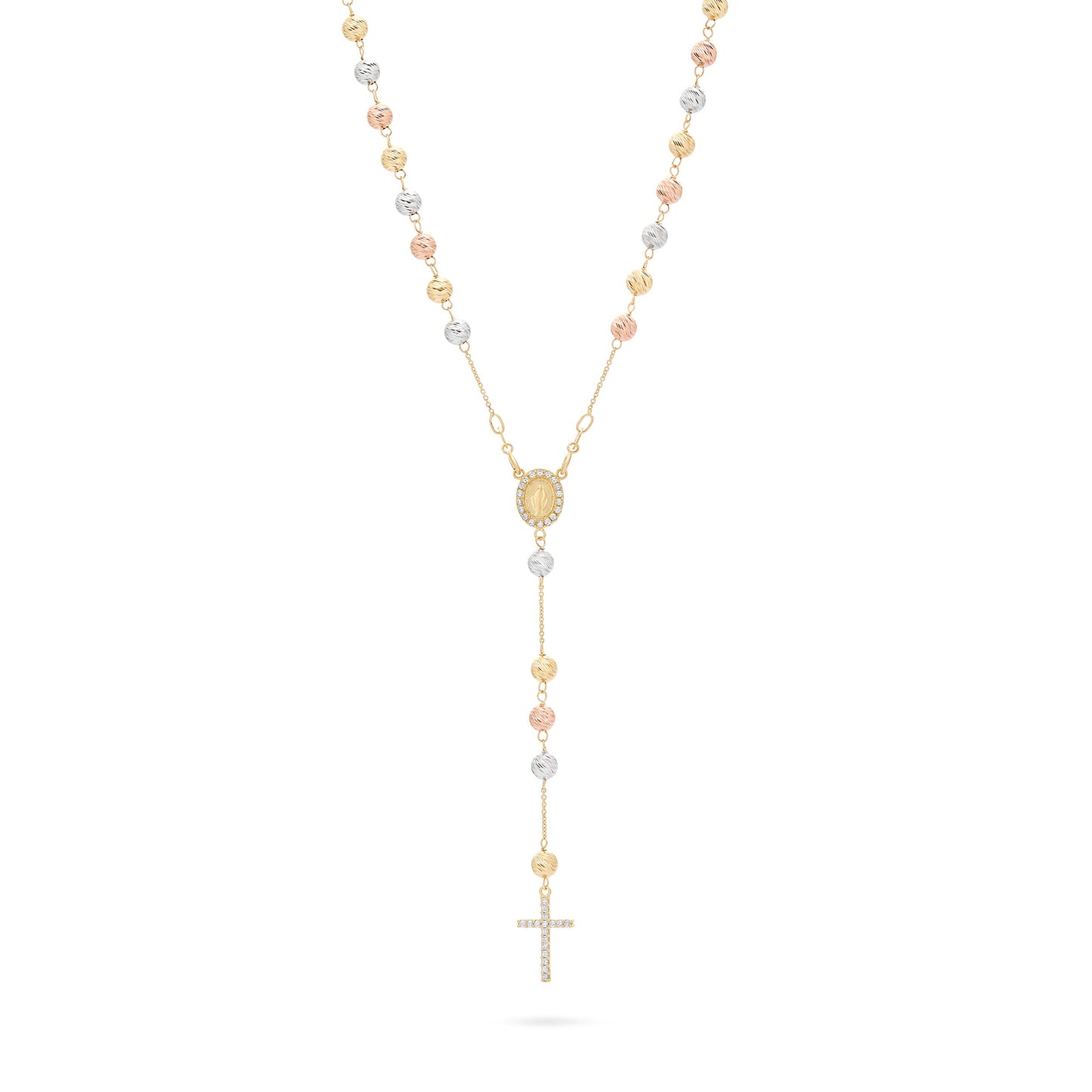 MONDO CATTOLICO ROMA Rosary 40 cm (15.75 in) / 5 mm (0.20 in) / 55 cm (21.65 in) Rosary with Yellow Gold, White Gold and Rose Gold Faceted Beads with Miraculous Medal and Cross in Cubic Zirconia